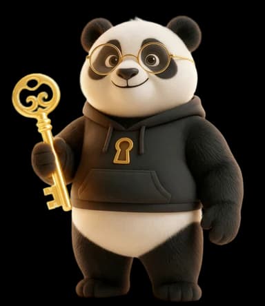 Panda guardián con la llave de la bóveda, la mascota de La Bóveda del Master